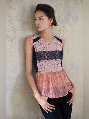 Maeve Anthropologie Lace Detail Printed Peplum Blouse Size M